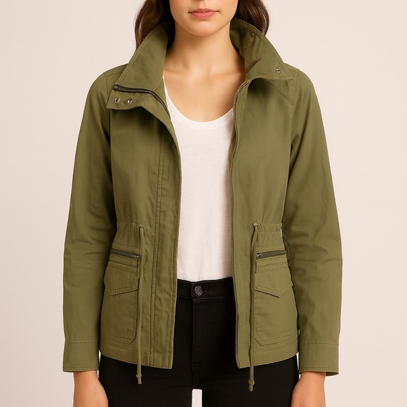 Tommy Hilfiger Olive Green Utility Jacket — Drawstring Waist, Front Zips & Snaps - Picture 9 of 9